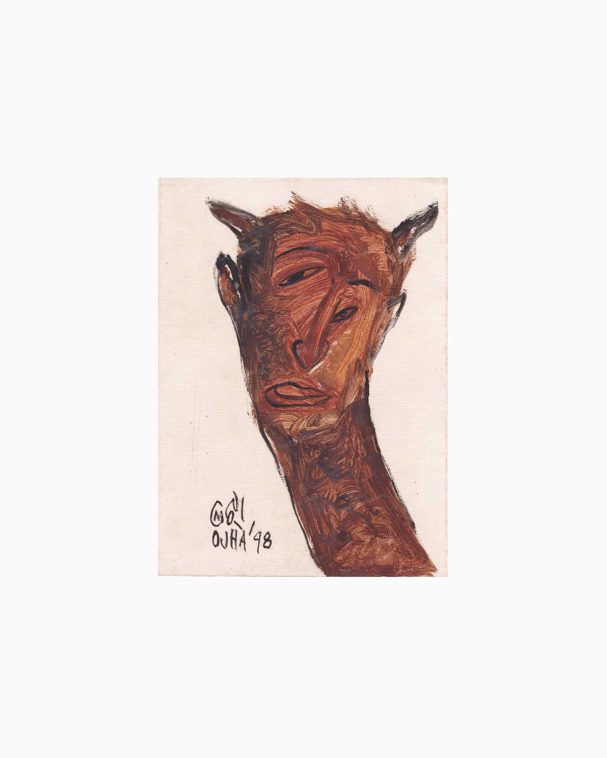 Original Horned Observer painting by Ratnakar Ojha featuring an expressive, stylized painting of a camel's head and neck in warm brown and orange tones on a light beige background.