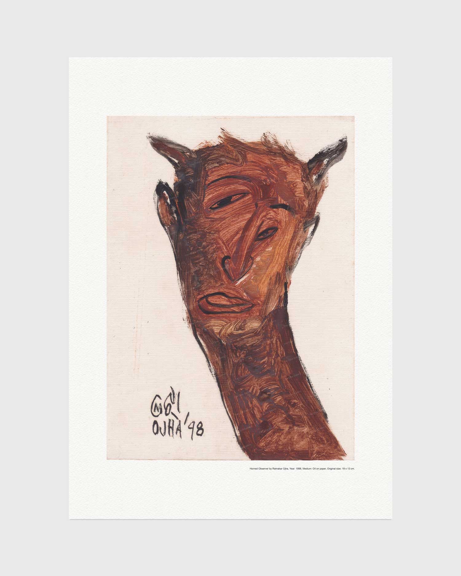 Horned Observer fine art print by Ratnakar Ojha featuring a stylized, abstract brown face with horns on a cream background.