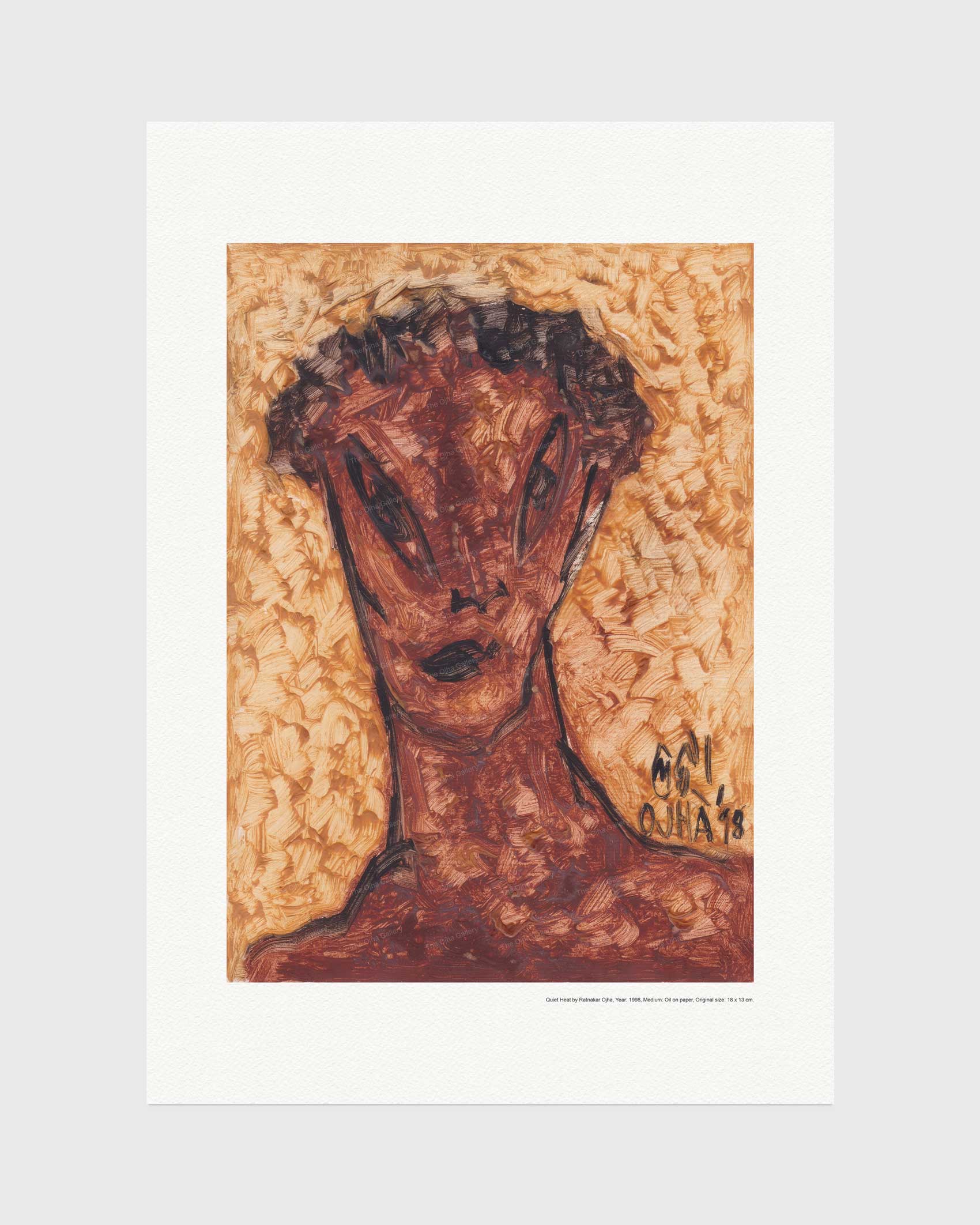 Quiet Heat fine art print by Ratnakar Ojha featuring an expressive portrait painting of a face and neck in warm brown, tan, and black tones, centered on a white background.