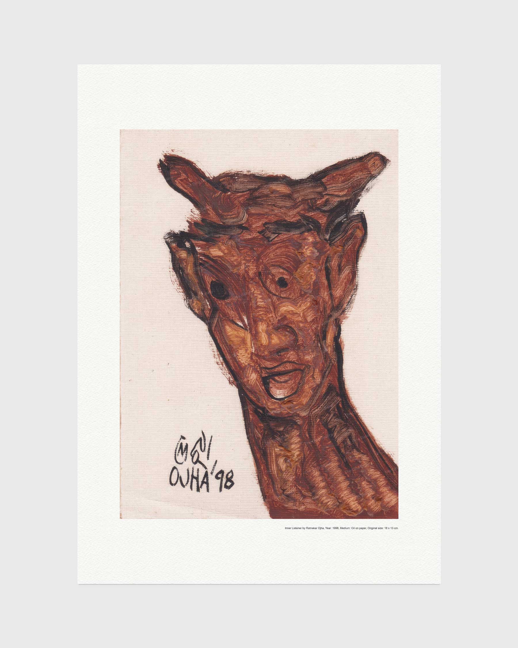 Inner Listener fine art print by Ratnakar Ojha featuring a stylized portrait of a horned figure in brown and black tones on a pale pink background, surrounded by a wide white border. 