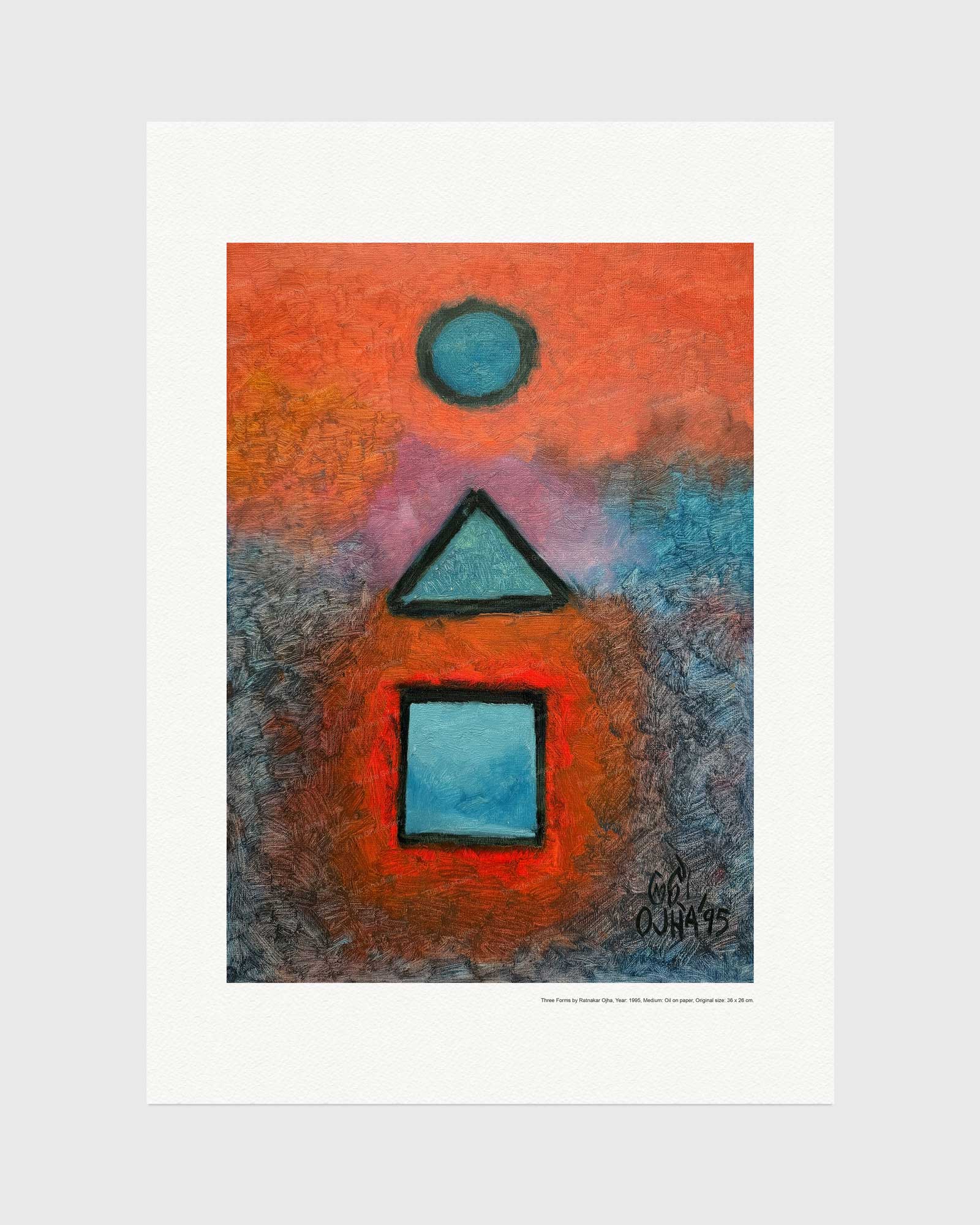 Orbit and Fragments fine art print by Ratnakar Ojha featuring geometric shapes (a circle, triangle, and square) in shades of blue and black against a textured background of orange, red, and gray, presented on a white mat board.