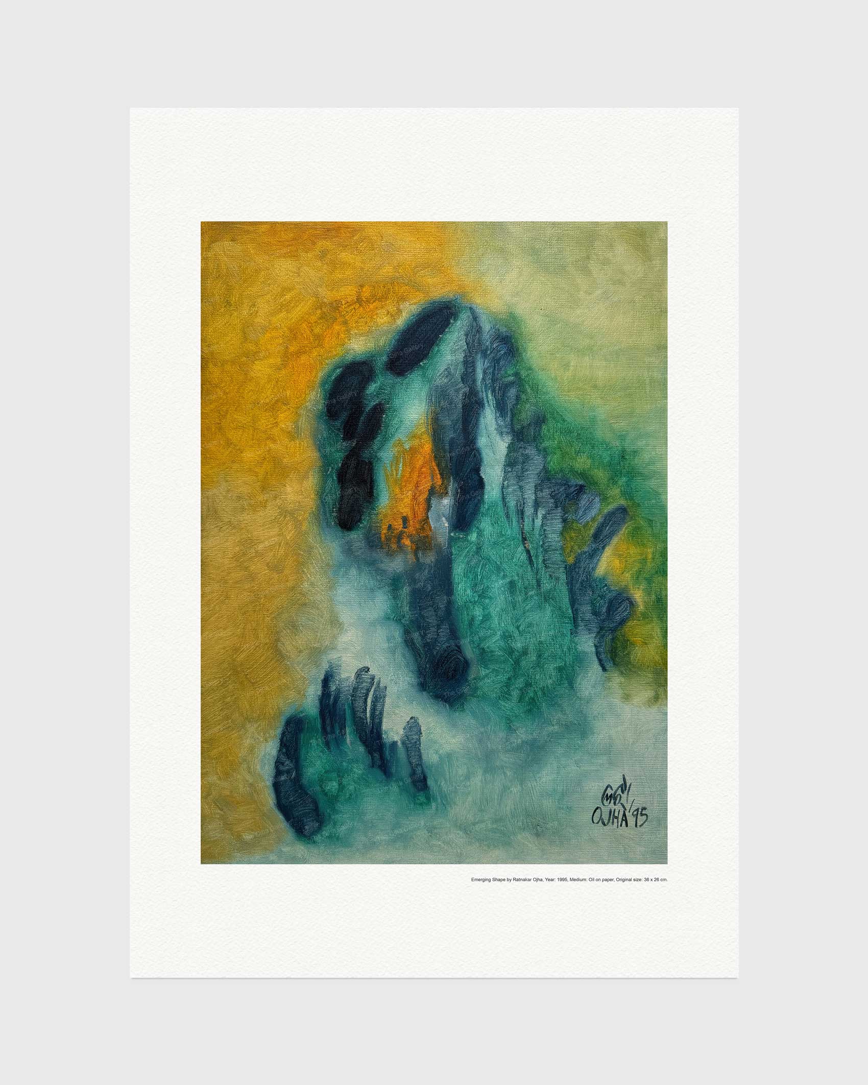 Emerging Shape fine art print by Ratnakar Ojha featuring a textured, painterly depiction of a dog's head in profile, rendered in shades of teal, green, and dark blue against a warm golden-yellow and beige background. The print is presented with a wide white border on a light gray background.