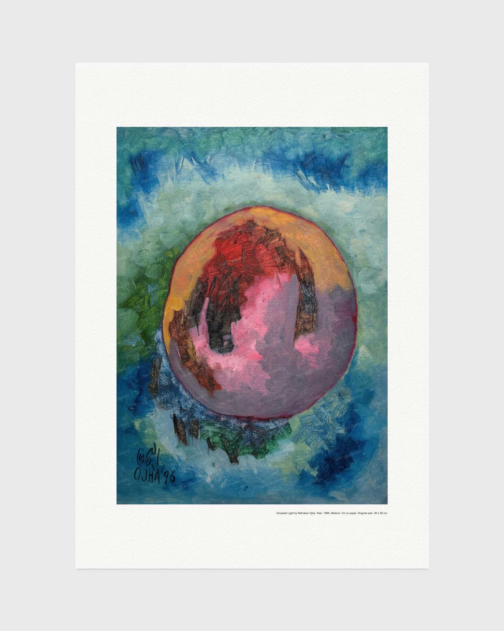 Encased Light fine art print by Ratnakar Ojha featuring a central pink and orange oval shape with dark textured details, set against a blue and green painterly background, presented on a white mat board.