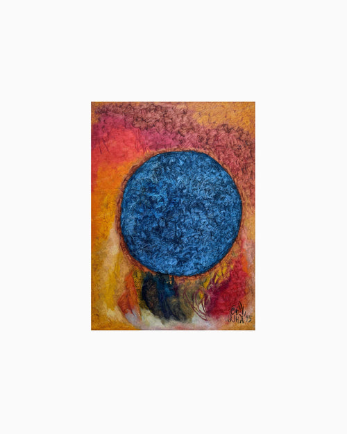 Original Blue Core painting by Ratnakar Ojha featuring a prominent textured blue circle at the center, set against a background of warm orange, red, and yellow brushstrokes, shown on a solid white background.