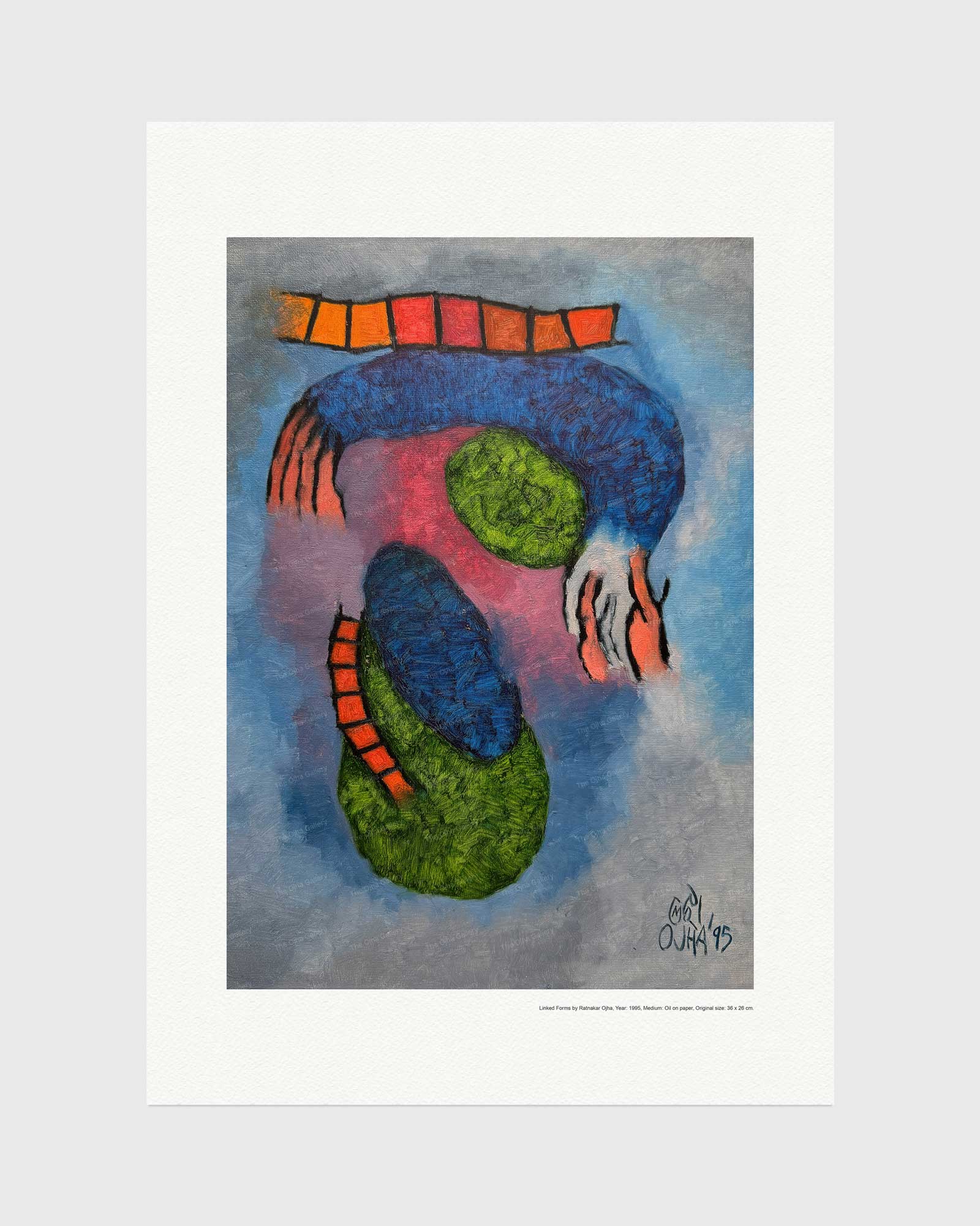 Linked Forms fine art print by Ratnakar Ojha featuring a stylized, textured depiction of a foot in blue, green, and orange, presented on a white paper sheet against a light gray background.