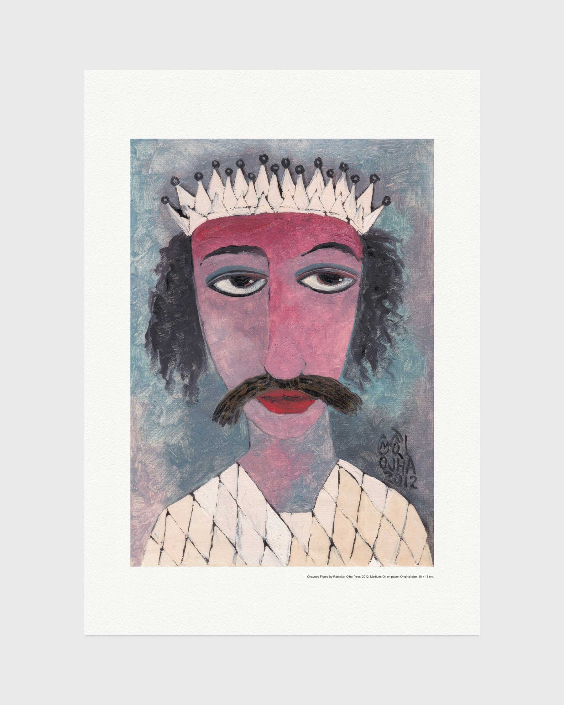 Crowned Figure fine art print by Ratnakar Ojha featuring a stylized portrait of a crowned figure with a pink face, dark hair, a white crown, and a patterned cream garment against a blue-gray textured background.
