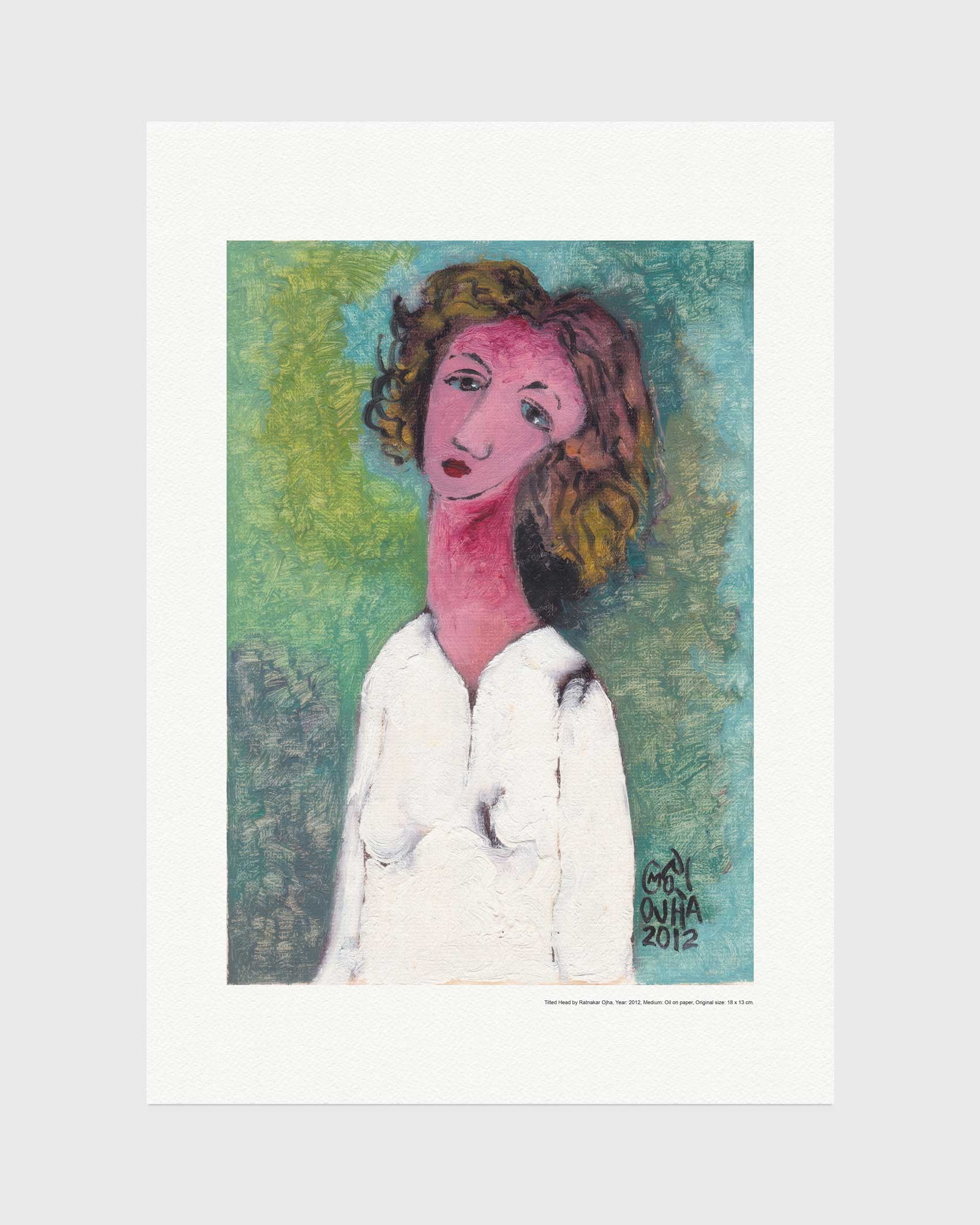 Tilted Head fine art print by Ratnakar Ojha  featuring an expressive portrait painting of a woman with pink skin, brown hair, and a white top against a green and blue textured background. The print is shown centered on a light gray background.
