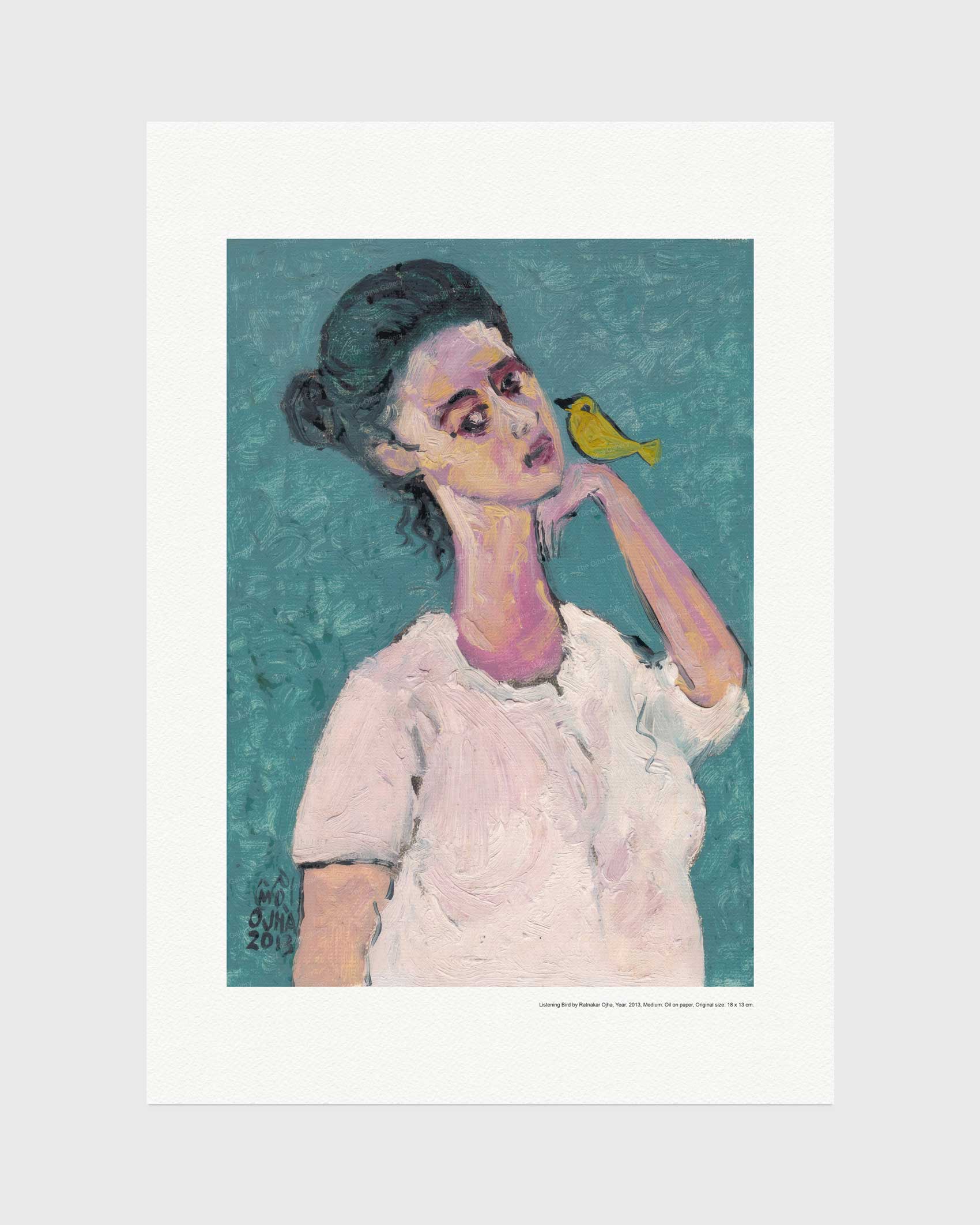 Listening Bird fine art print by Ratnakar Ojha featuring an expressive painting of a woman with dark hair in a bun, wearing a white top, with a small yellow bird on her shoulder, set against a teal background. The print has a wide white border and is shown against a light gray background.