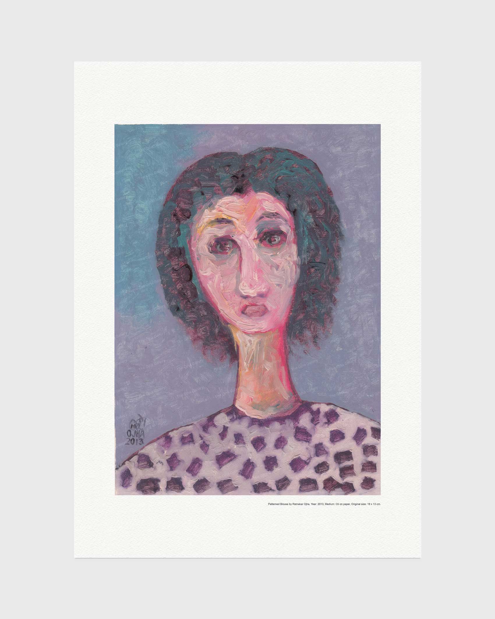 Patterned Blouse fine art print by Ratnakar Ojha featuring a stylized figure with dark curly hair against a muted blue and purple background, centered on a white mat and light gray backdrop.