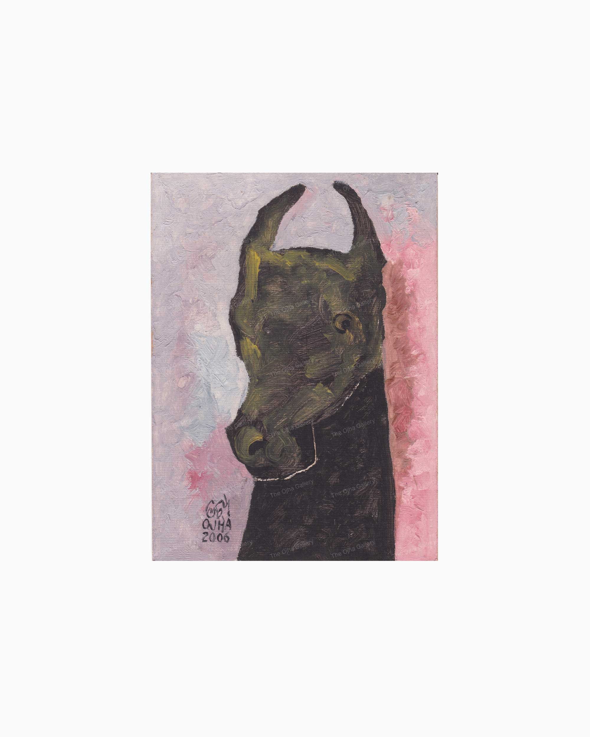 Original Dark Horse Head painting by Ratnakar Ojha rendered in dark olive green and black brushstrokes against a soft pink and pale lavender background.
