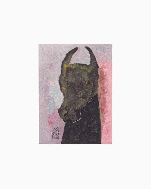 Original Dark Horse Head painting by Ratnakar Ojha rendered in dark olive green and black brushstrokes against a soft pink and pale lavender background.