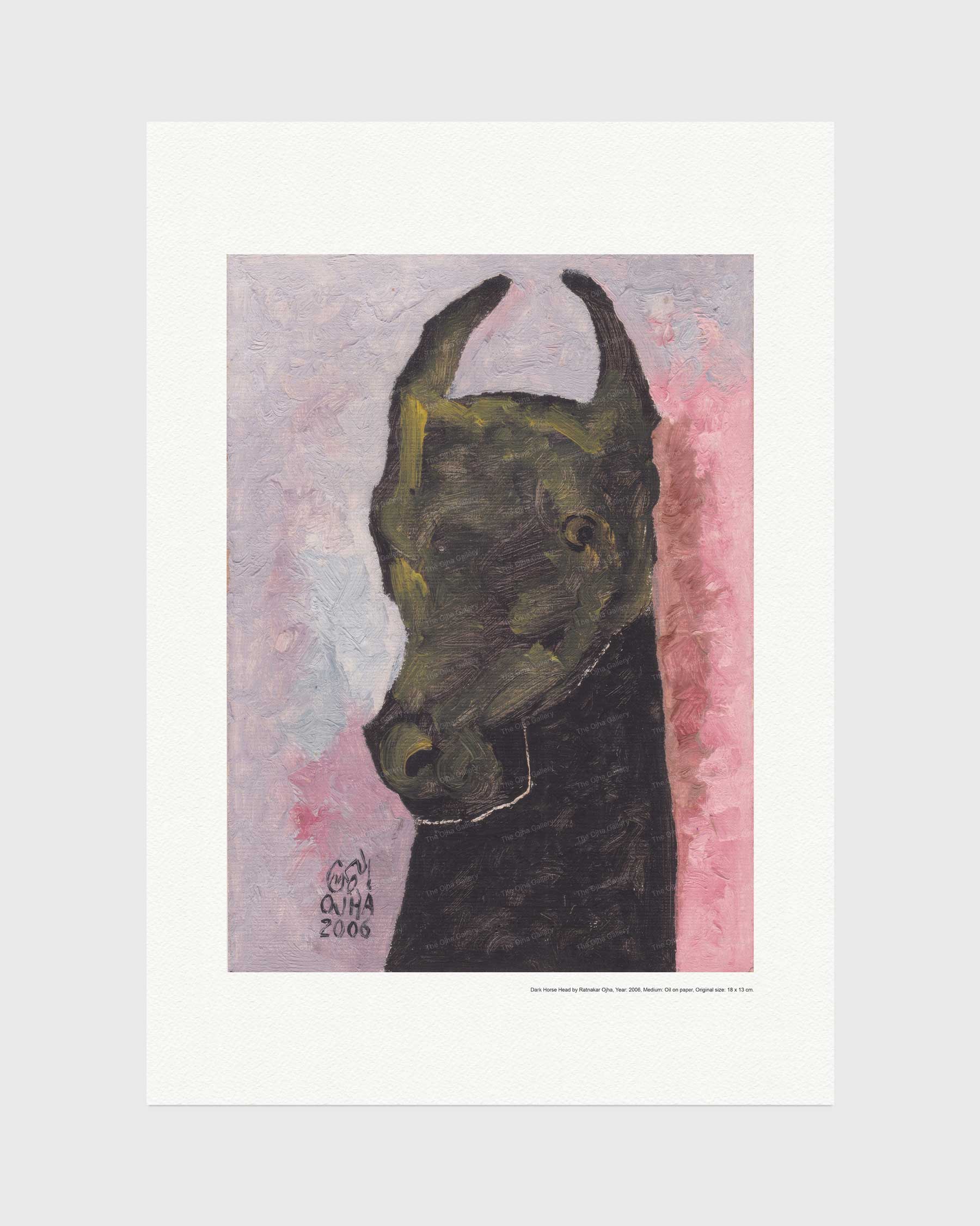 Dark Horse Head fine art print by Ratnakar Ojha featuring an expressive painting of a dark horse head with horns against a pink and lavender background, shown on a light gray backdrop.