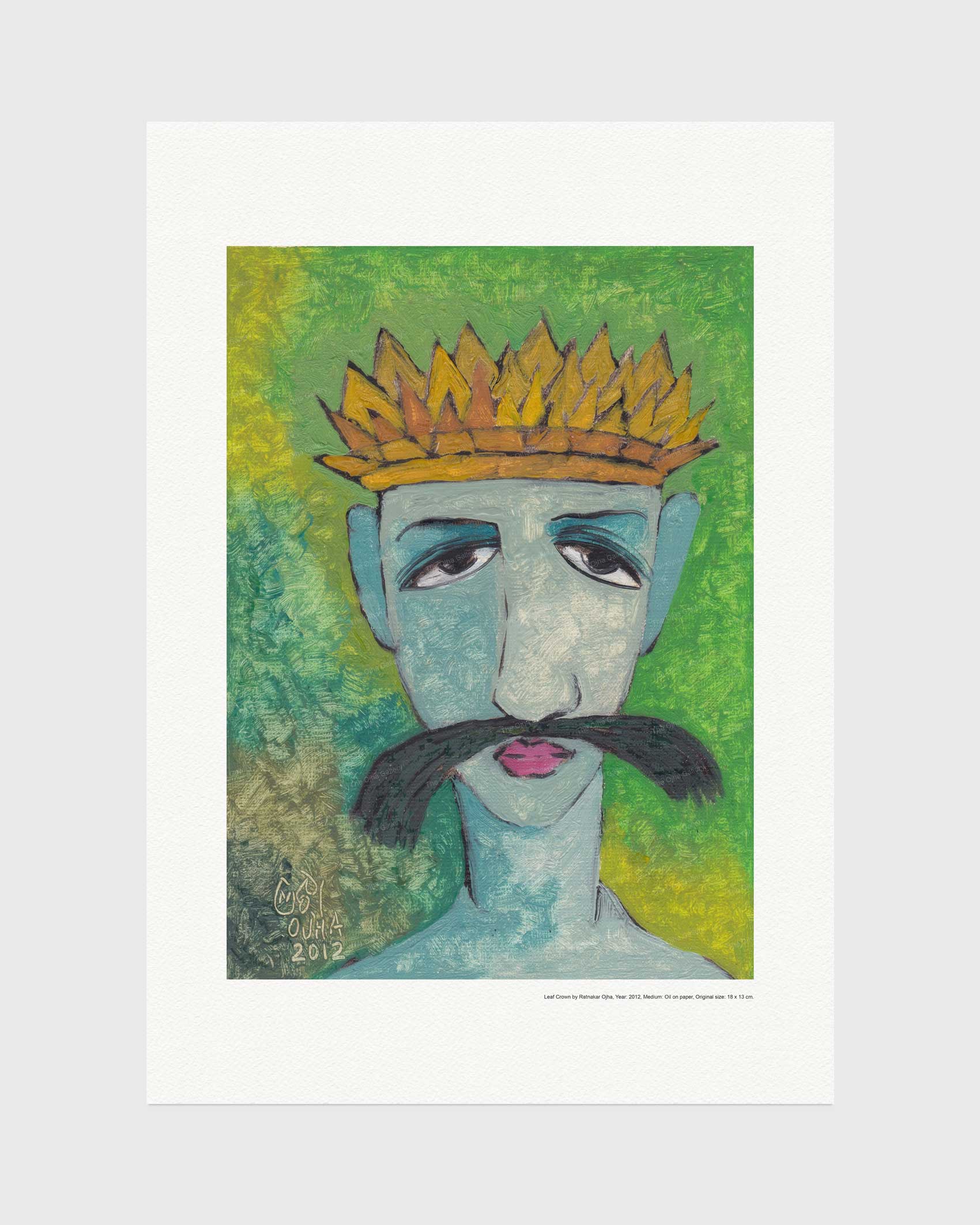 Leaf Crown fine art print by Ratnakar Ojha featuring a stylized portrait of a blue-faced figure wearing a golden crown and a large black mustache, set against a green and yellow textured background, shown with a wide white border on a light gray backdrop.