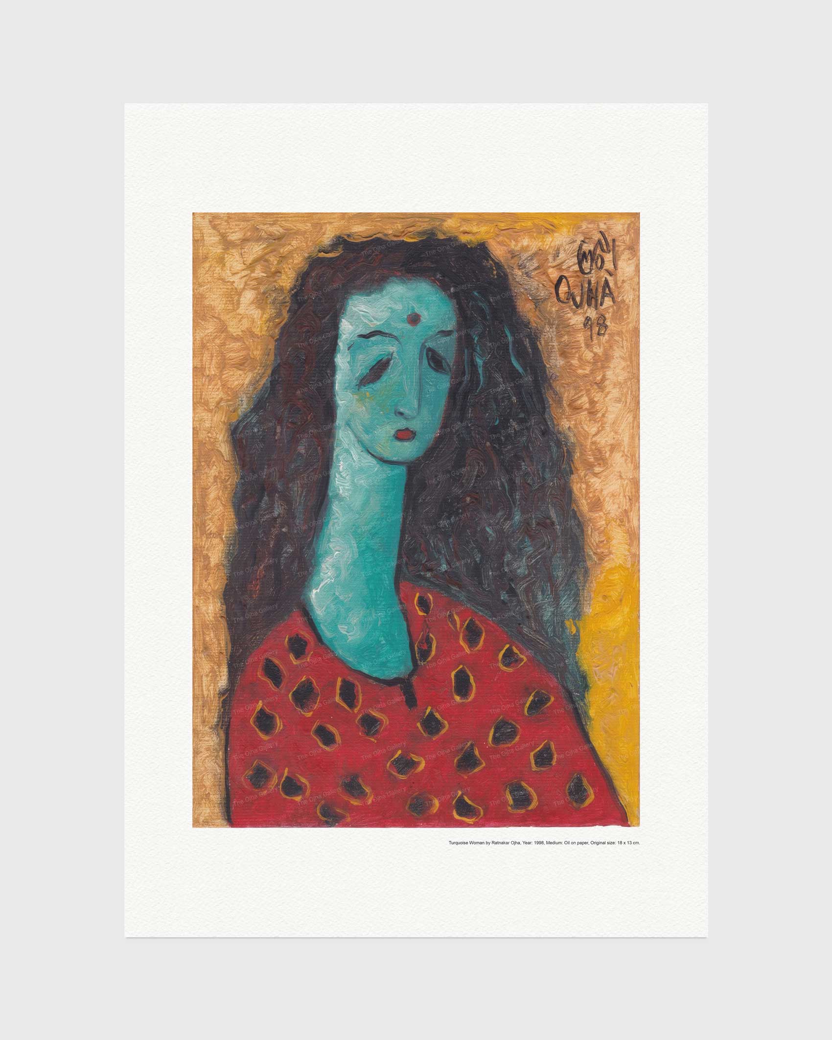 Turquoise Woman fine art print by Ratnakar Ojha featuring a stylized portrait of a woman with a turquoise face and neck, long dark hair, and a red patterned garment against a textured gold and yellow background. The print is centered on a light gray background.