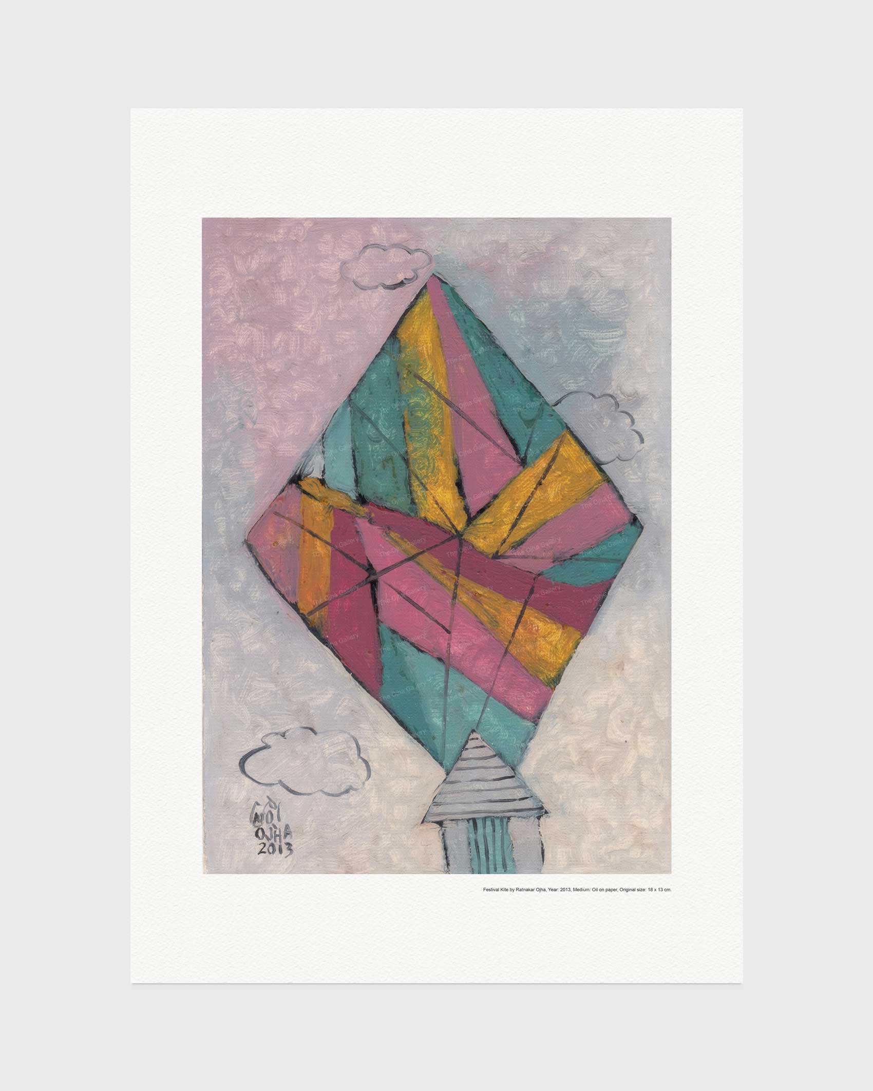 Festival Kite fine art print by Ratnakar Ojha featuring a colorful geometric diamond-shaped kite with pink, yellow, and teal sections, set against a textured light background with simple cloud drawings. Signed by artist Mark Olsson in 2015.
