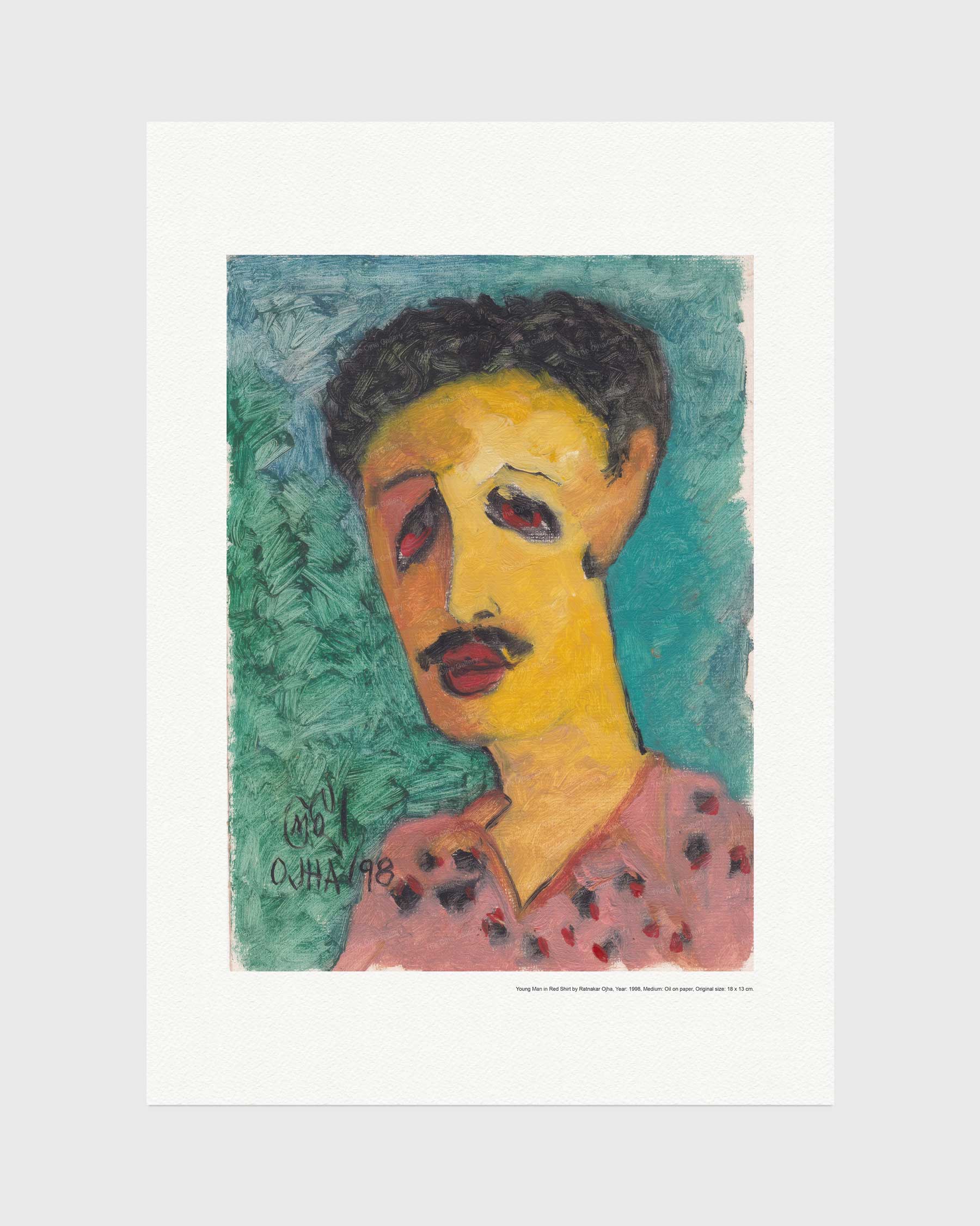 Young Man in Red Shirt fine art print by Ratnakar Ojha featuring an expressive portrait painting of a man with a mustache, rendered in yellow, teal, green, pink, and red tones on a white paper background.