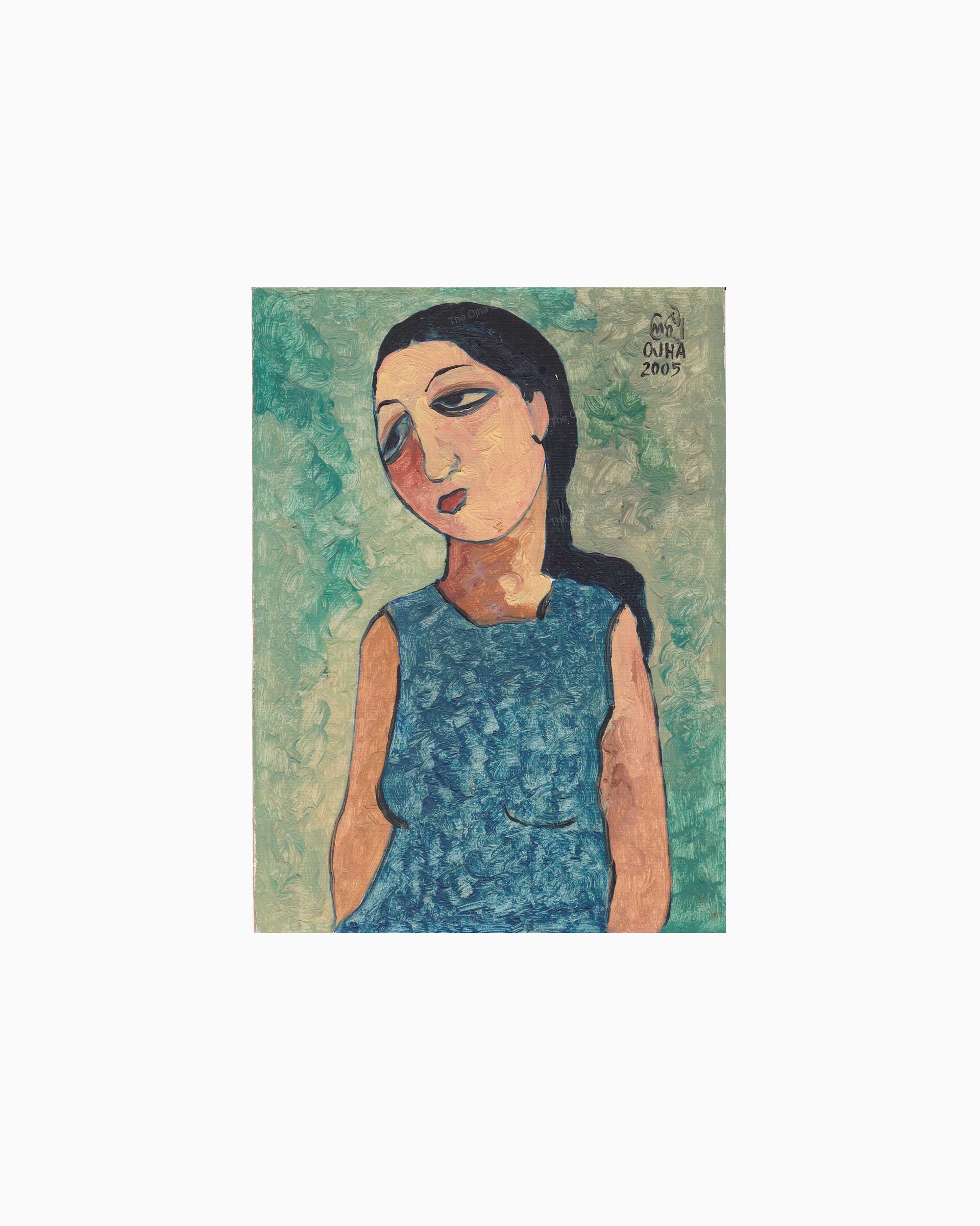 Original Blue Dress Figure painting by Ratnakar Ojha of a woman with dark hair and a blue textured dress, set against a textured teal and green background.