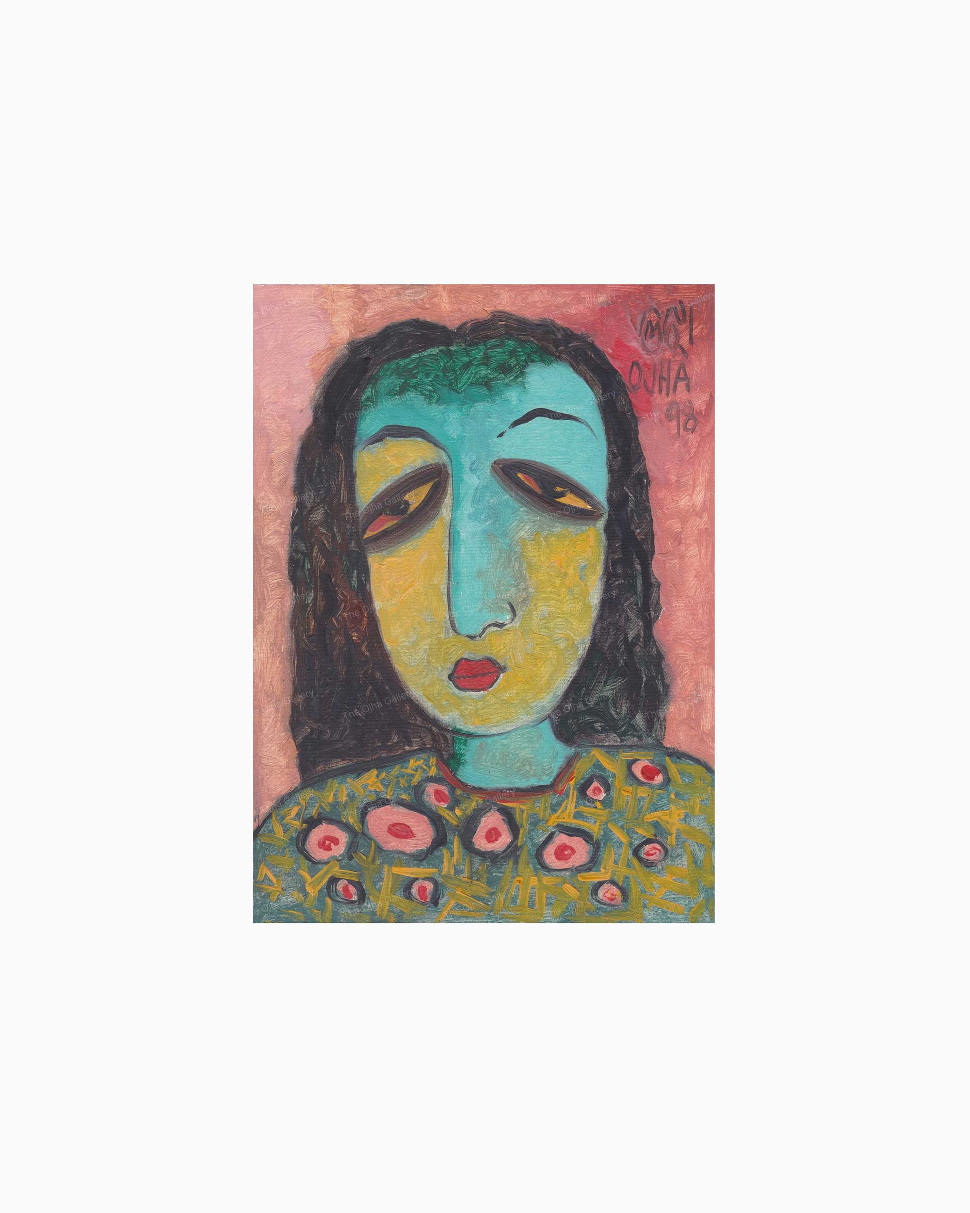 Original Dual Tone Face painting by Ratnakar Ojha of a woman with a blue-green face, dark hair, and a patterned green top against a pink background, shown centered on a light gray canvas.