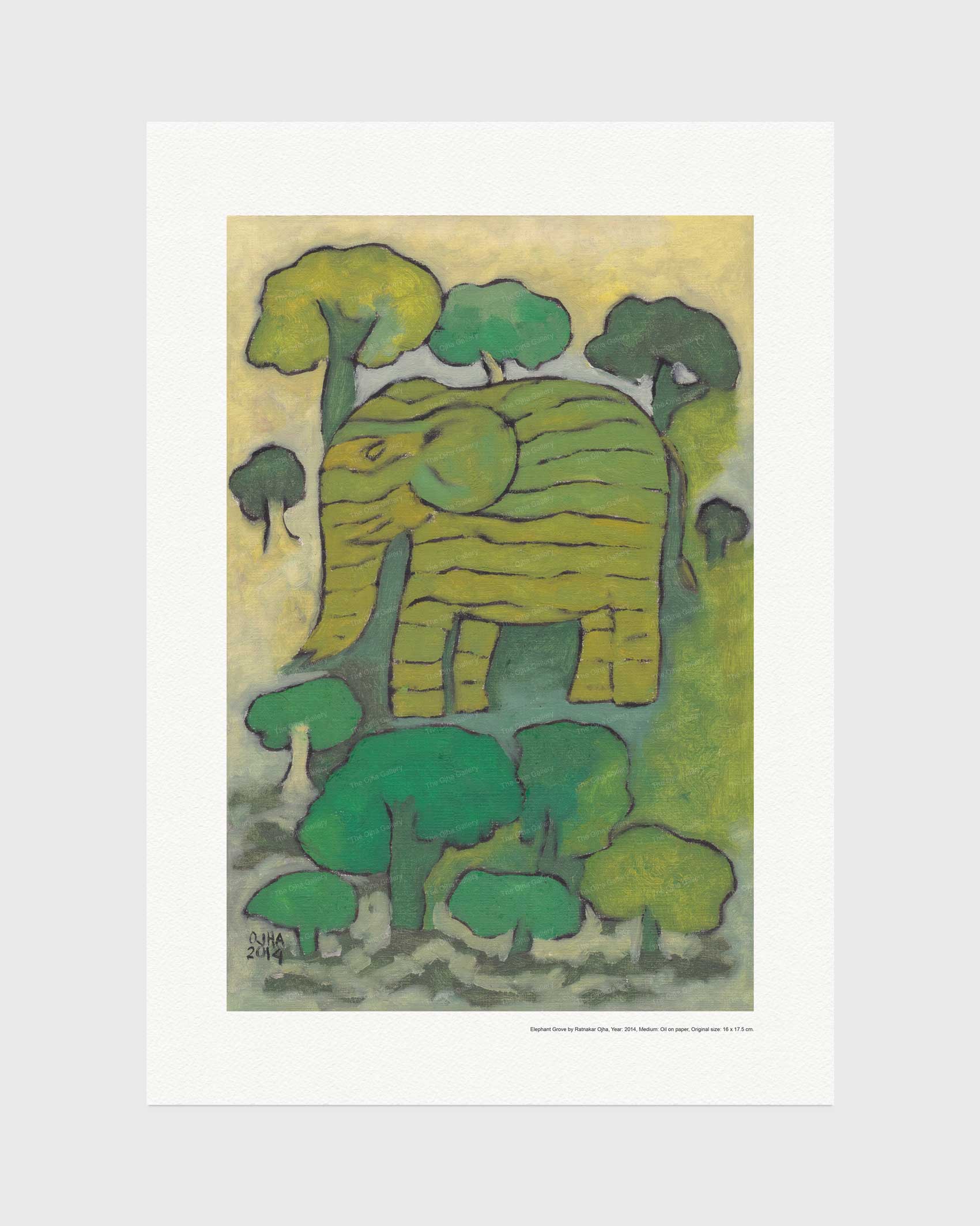 Violet Stillness fine art print by Ratnakar Ojha featuring a stylized elephant and trees in green, yellow, and gray tones on a white paper background.
