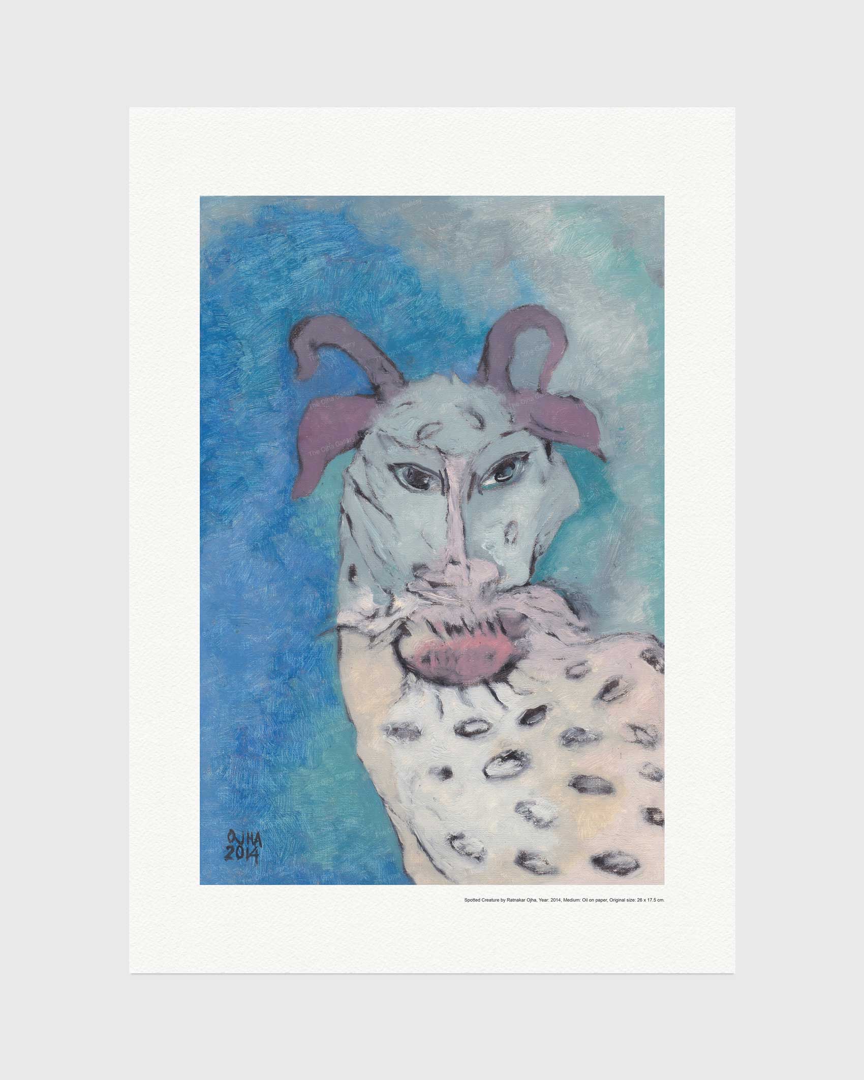 Red Tree Village fine art print by Ratnakar Ojhafeaturing a stylized, painterly portrait of a goat-like creature with horns, a pink snout, and spotted cream fur against a blue background.