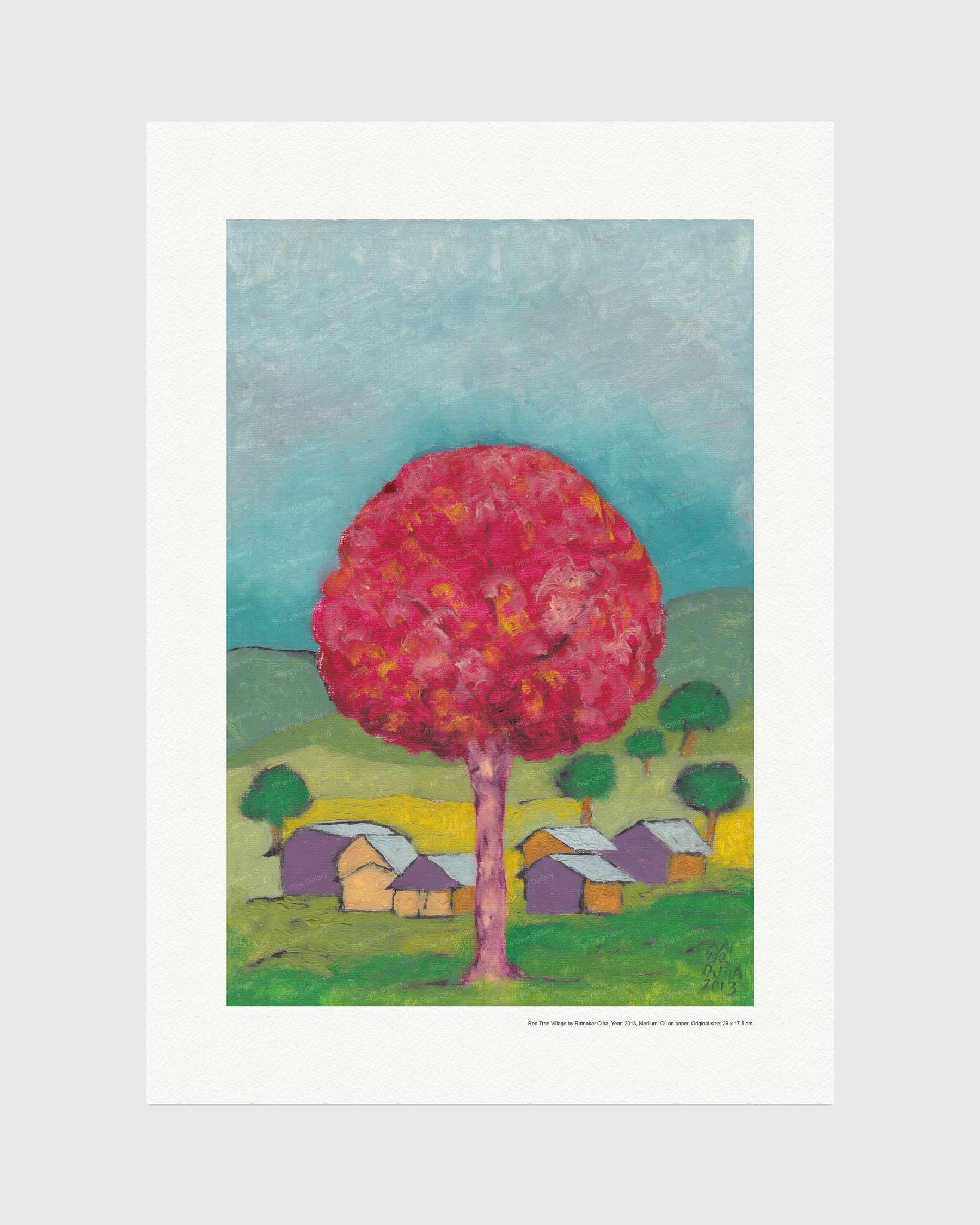 Red Tree Village fine art print by Ratnakar Ojha featuring a colorful landscape painting with a large pink tree, green hills, and small houses under a blue sky.
