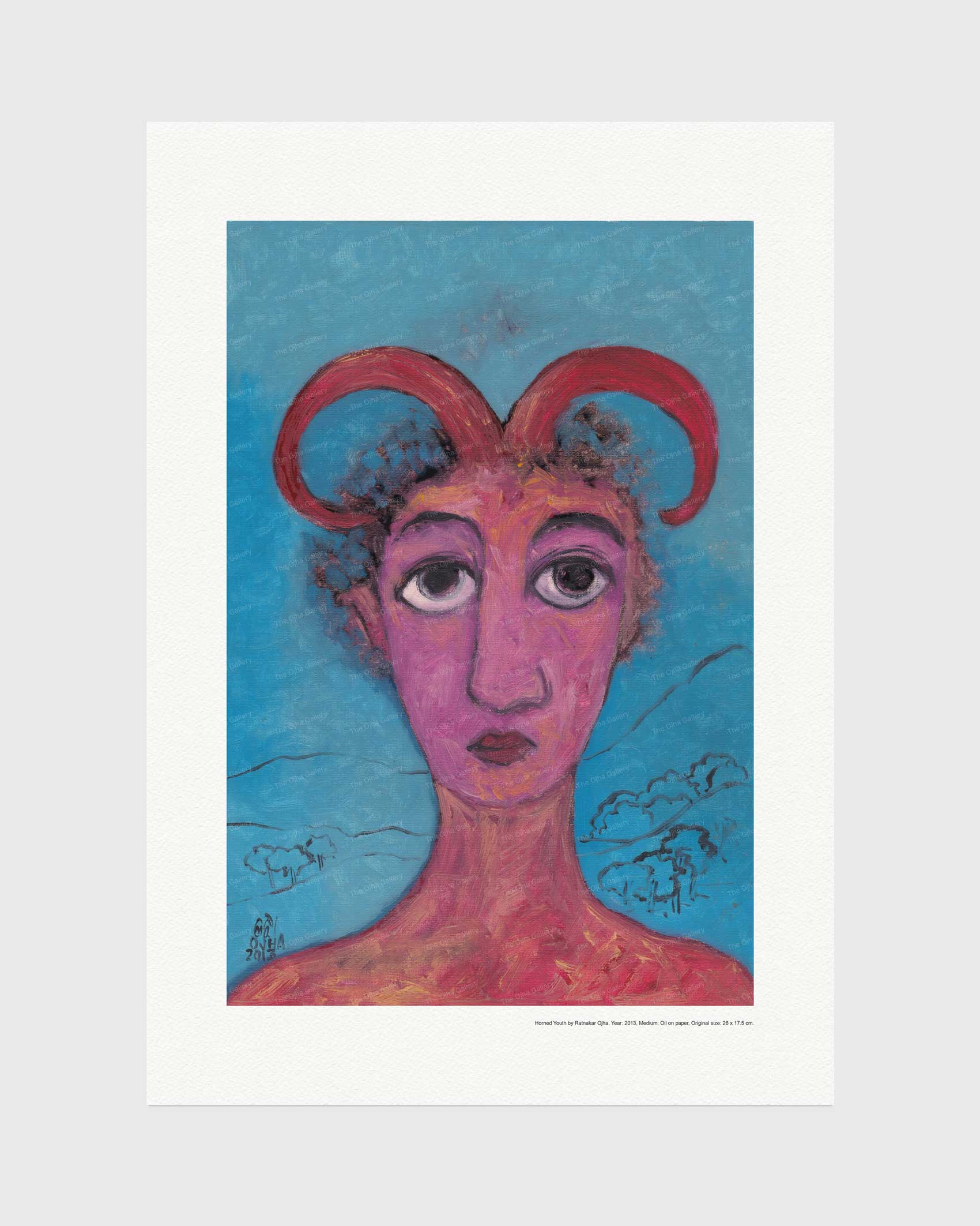 Horned Youth fine art print by Ratnakar Ojha featuring a stylized portrait of a woman with pink skin, large eyes, and red curved horns against a bright blue background, presented with a wide white border on a light gray backdrop.