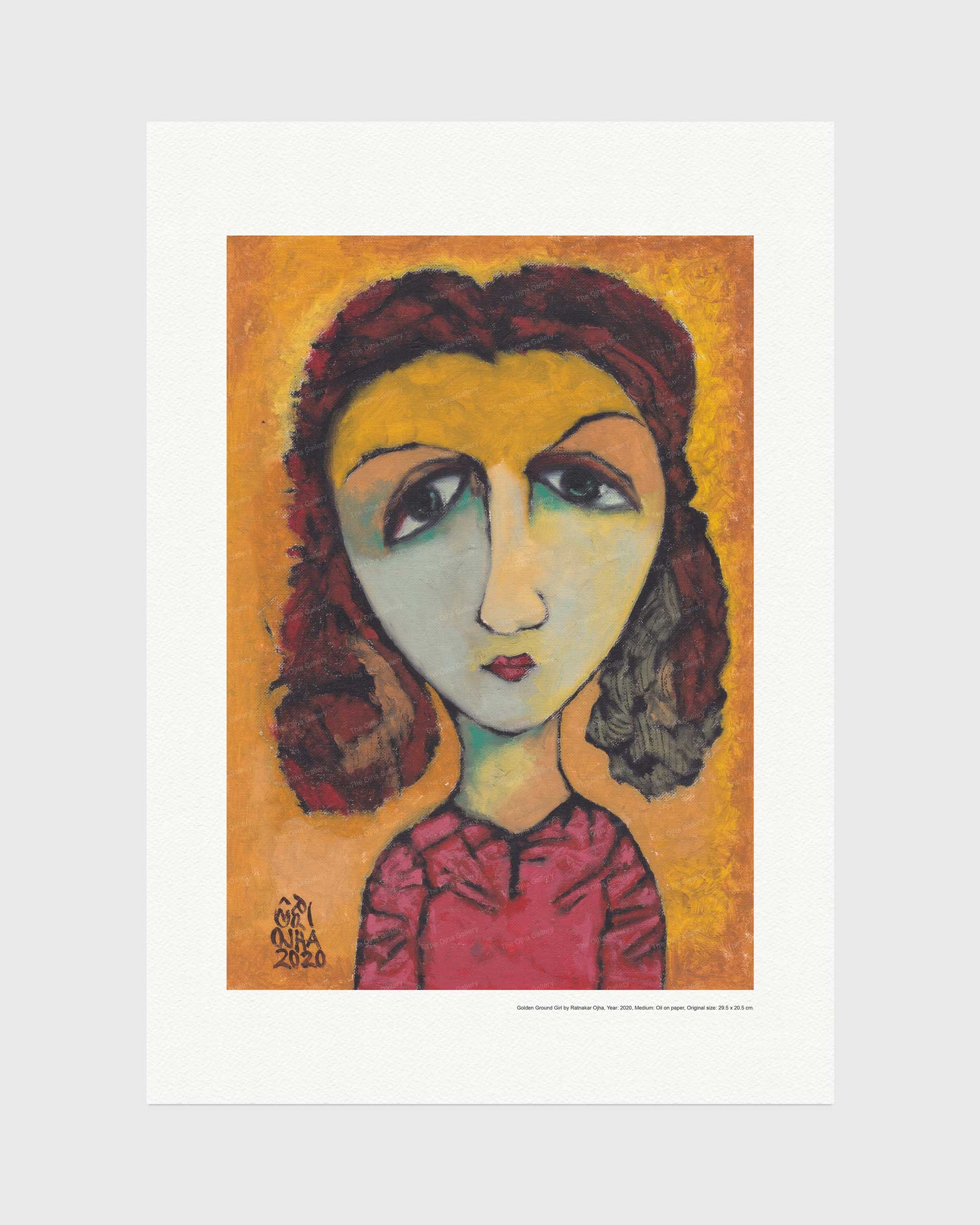 Golden Ground Girl fine art print by Ratnakar Ojha featuring a woman with dark hair, a pale face, and a pink top against a warm orange-yellow background, shown with a wide white border on a light gray backdrop.
