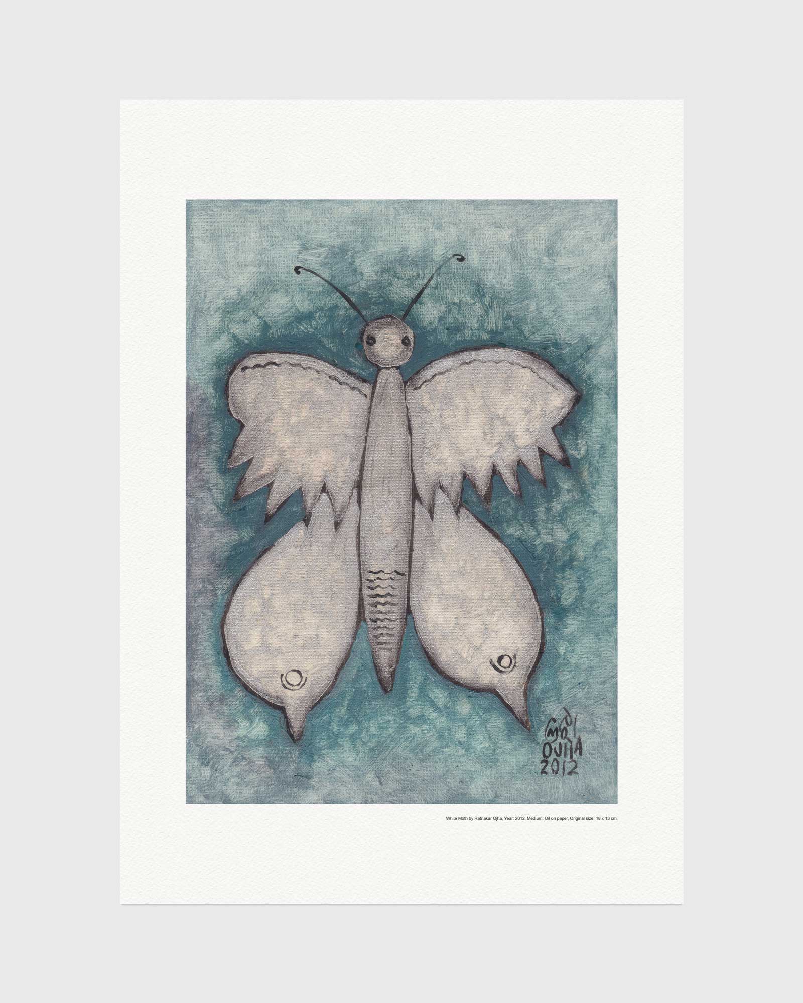 White Moth fine art print by Ratnakar Ojha featuring a stylized butterfly with wings shaped like fish, rendered in muted gray and teal tones on a white paper border.