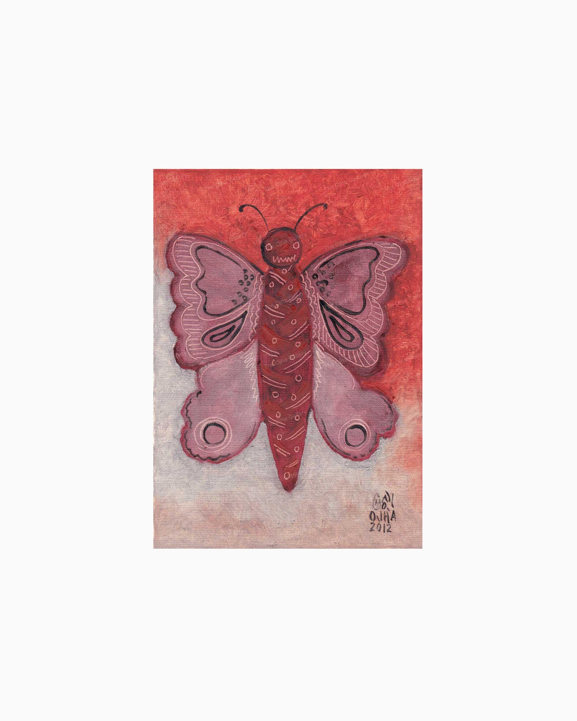 Original Crimson Moth painting by Ratnakar Ojha of a stylized butterfly in shades of red, pink, and purple, set against a warm red and beige background.