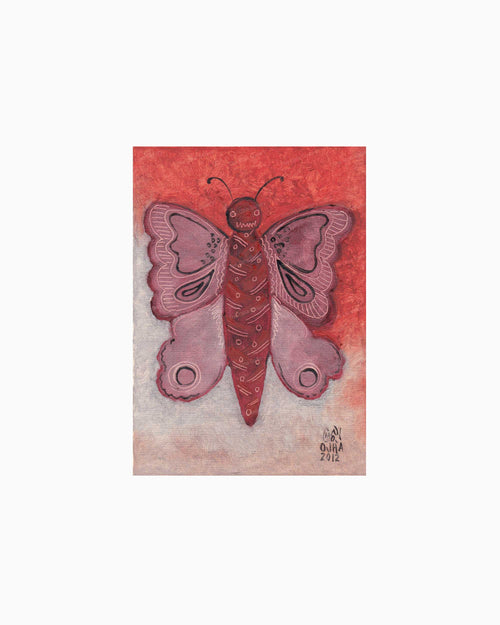 Original Crimson Moth painting by Ratnakar Ojha of a stylized butterfly in shades of red, pink, and purple, set against a warm red and beige background.