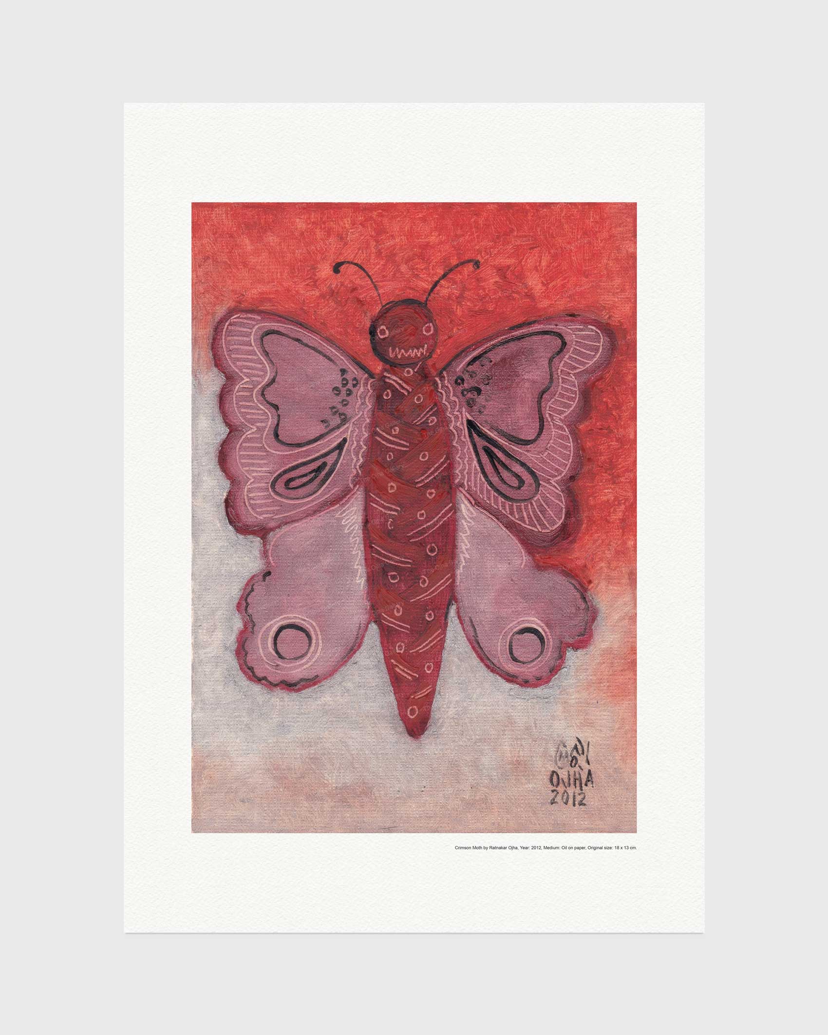 Garden Moth fine art print by Ratnakar Ojha featuring a stylized pink and red butterfly on a textured red and beige background, presented with a wide white border.