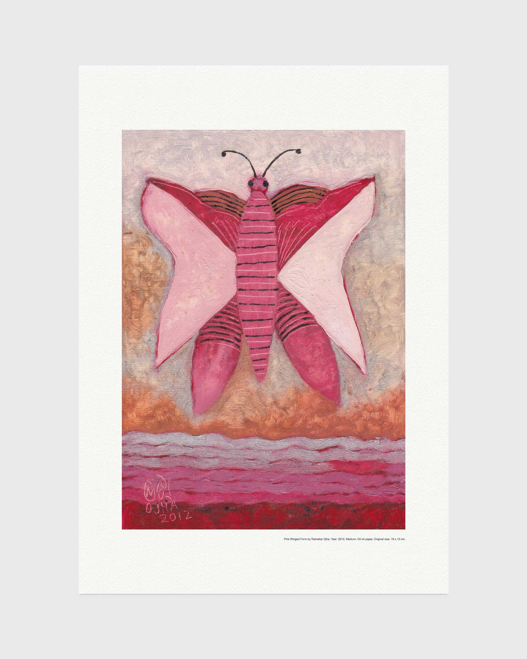 Pink Winged Form fine art print by Ratnakar Ojha featuring a stylized pink butterfly with wings against a textured background of warm beige, orange, and red tones.