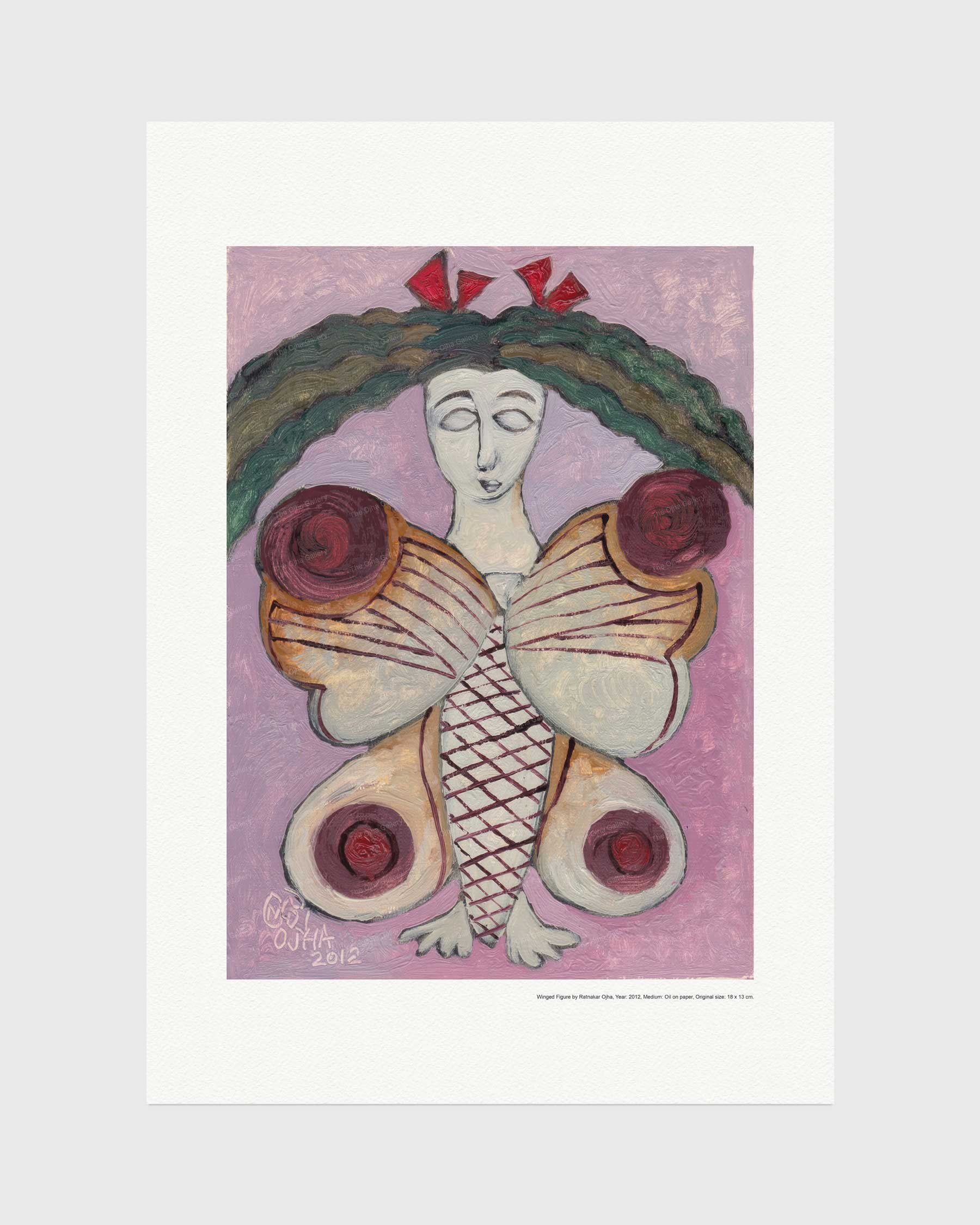 Winged Figure fine art print by Ratnakar Ojha featuring a stylized figure with a green leafy headdress, red bows, and butterfly-like wings on a pink background, shown against a light gray backdrop.
