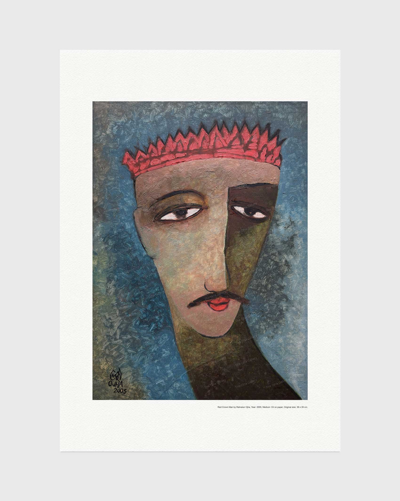 Red Crown Man fine art print by Ratnakar Ojha featuring a stylized portrait of a woman with a red crown against a textured blue background, shown on a light gray backdrop.