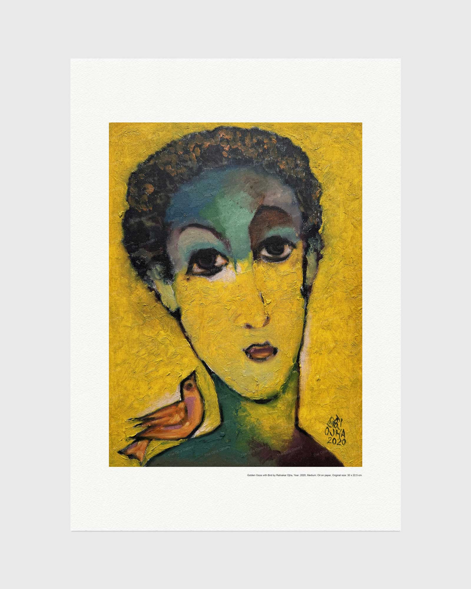 Golden Gaze with Bird fine art print by Ratnakar Ojha featuring a textured, cubist-style portrait of a woman with a small bird on her shoulder, set against a solid yellow background.
