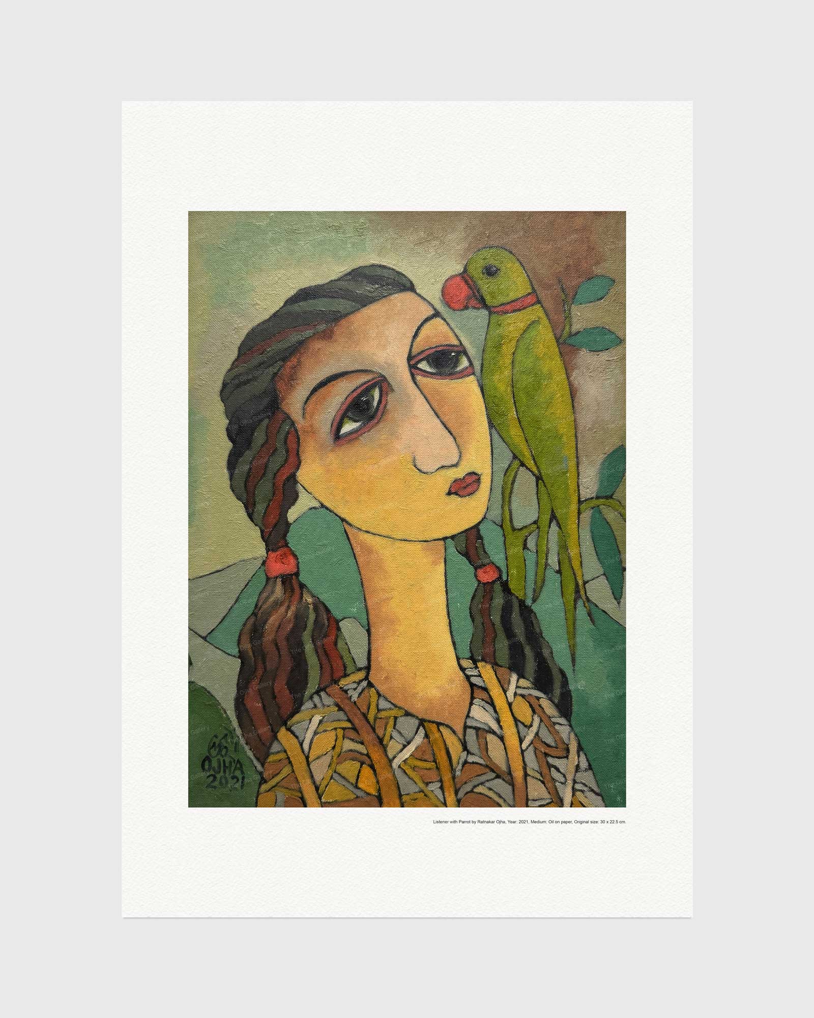 Listener with Parrot fine art print by Ratnakar Ojha featuring a stylized portrait of a woman with braided dark hair and a green parrot on her shoulder, shown against a light gray background.