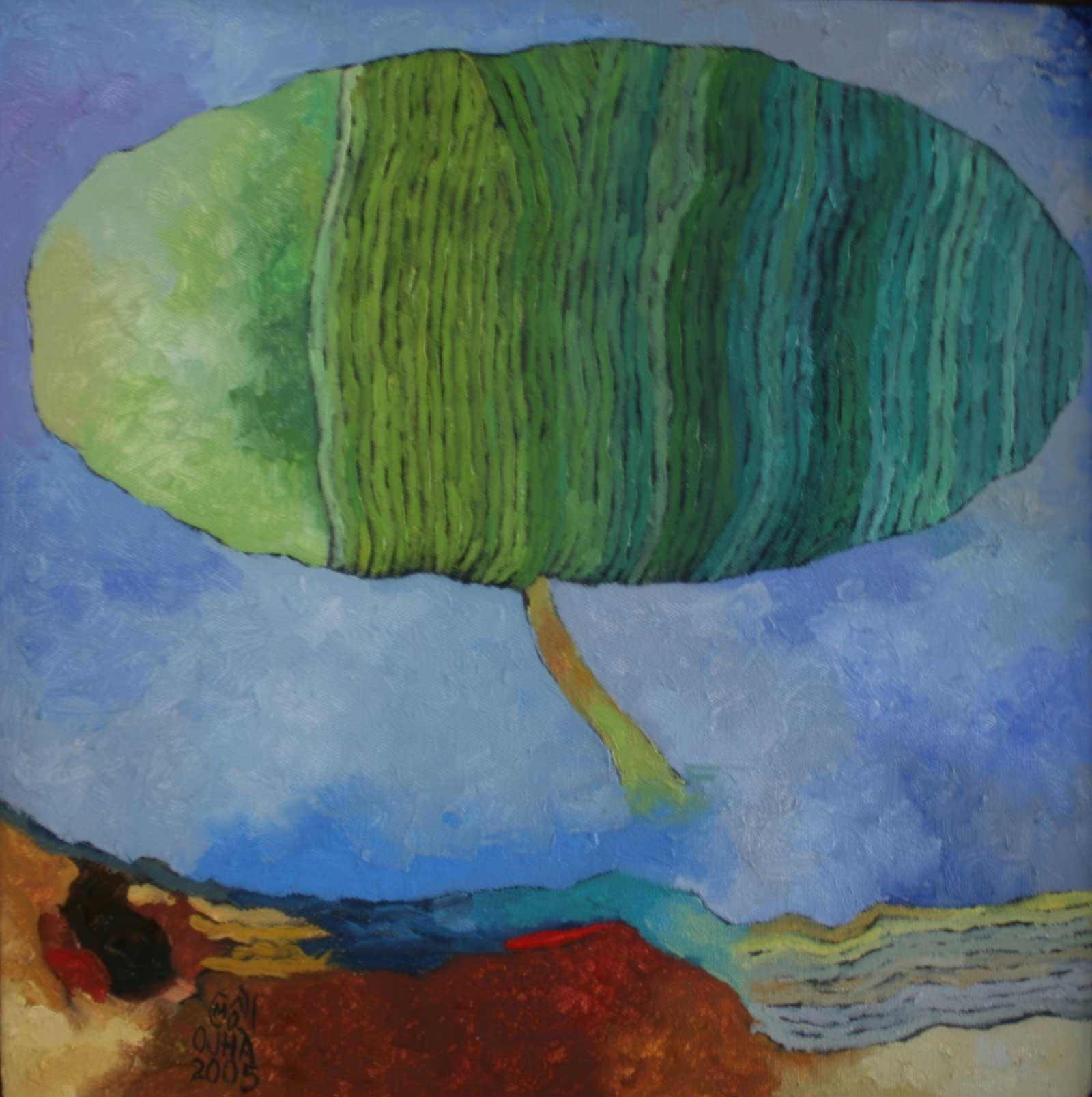 An abstract painting by Ratnakar Ojha featuring a large green and blue leaf-like shape floating against a blue sky, with a small yellow stem and textured earthy ground in the foreground.
