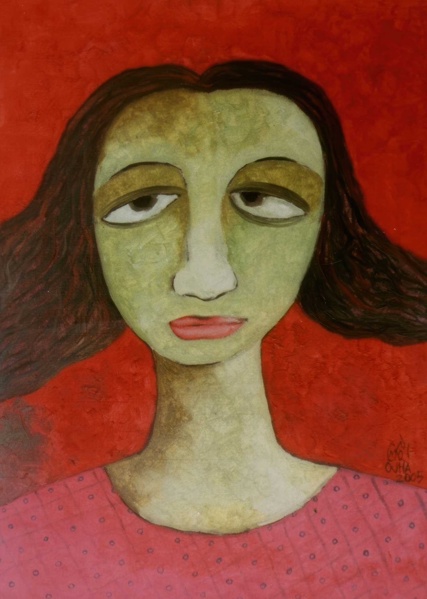 Portrait painting by Ratnakar Ojha of a woman with a green-toned face against a bold red background, wearing a red patterned garment