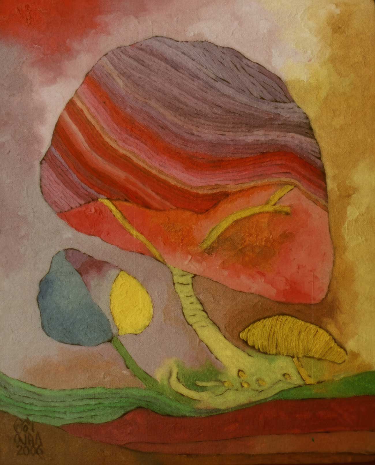 Abstract watercolor painting by Ratnakar Ojha of stylized mushrooms in warm red, orange, yellow, green, and gray tones on a textured beige and brown background.