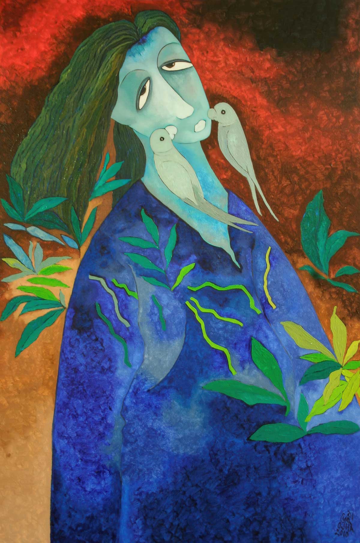 A colorful painting by Ratnakar Ojha of a woman with long dark hair, a blue robe, and two white birds on her neck, set against a red and brown textured background with green leaves.