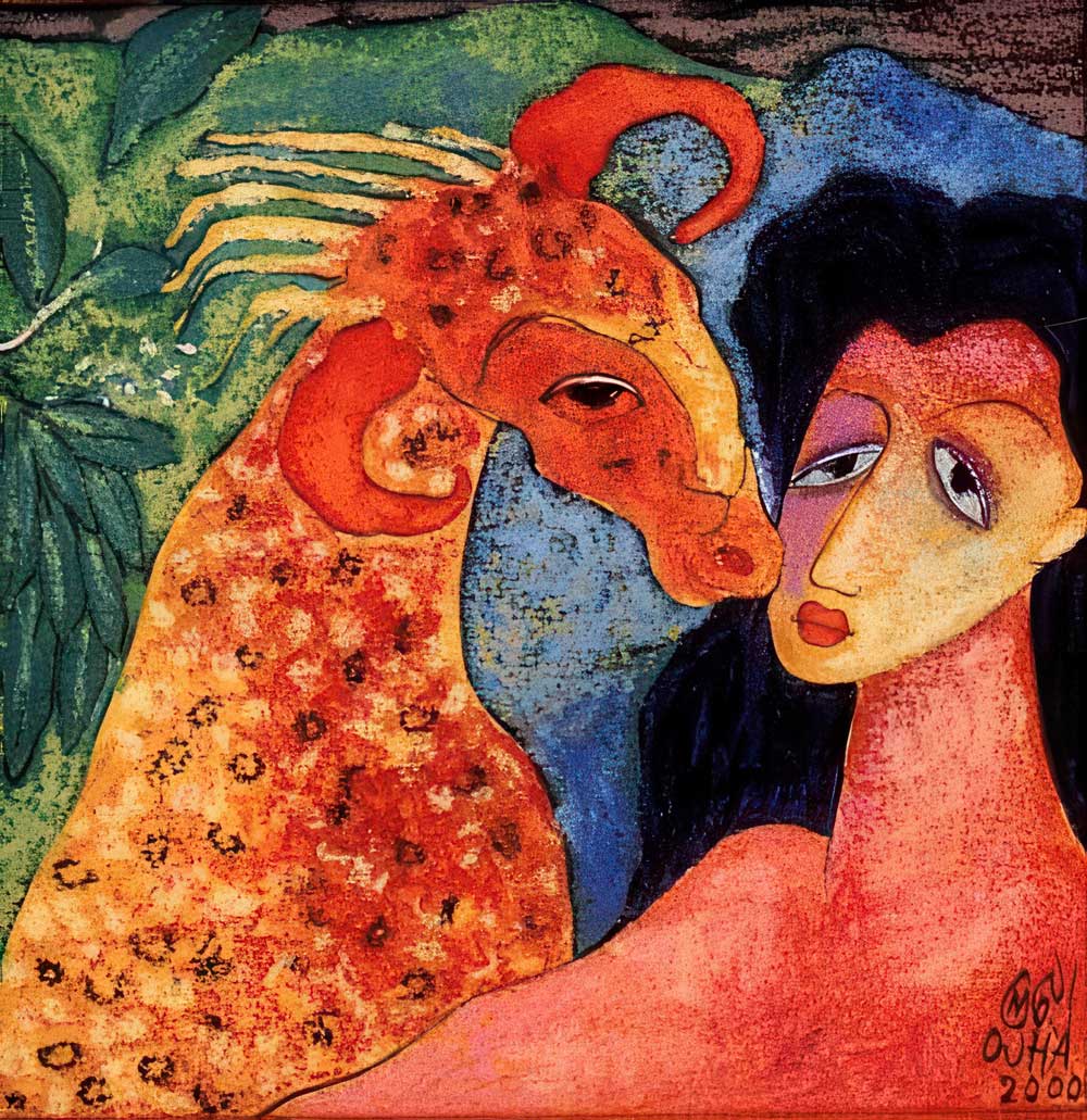 Ratnakar Ojha painting of a horned animal figure resting against a woman's face, signed and dated 2000